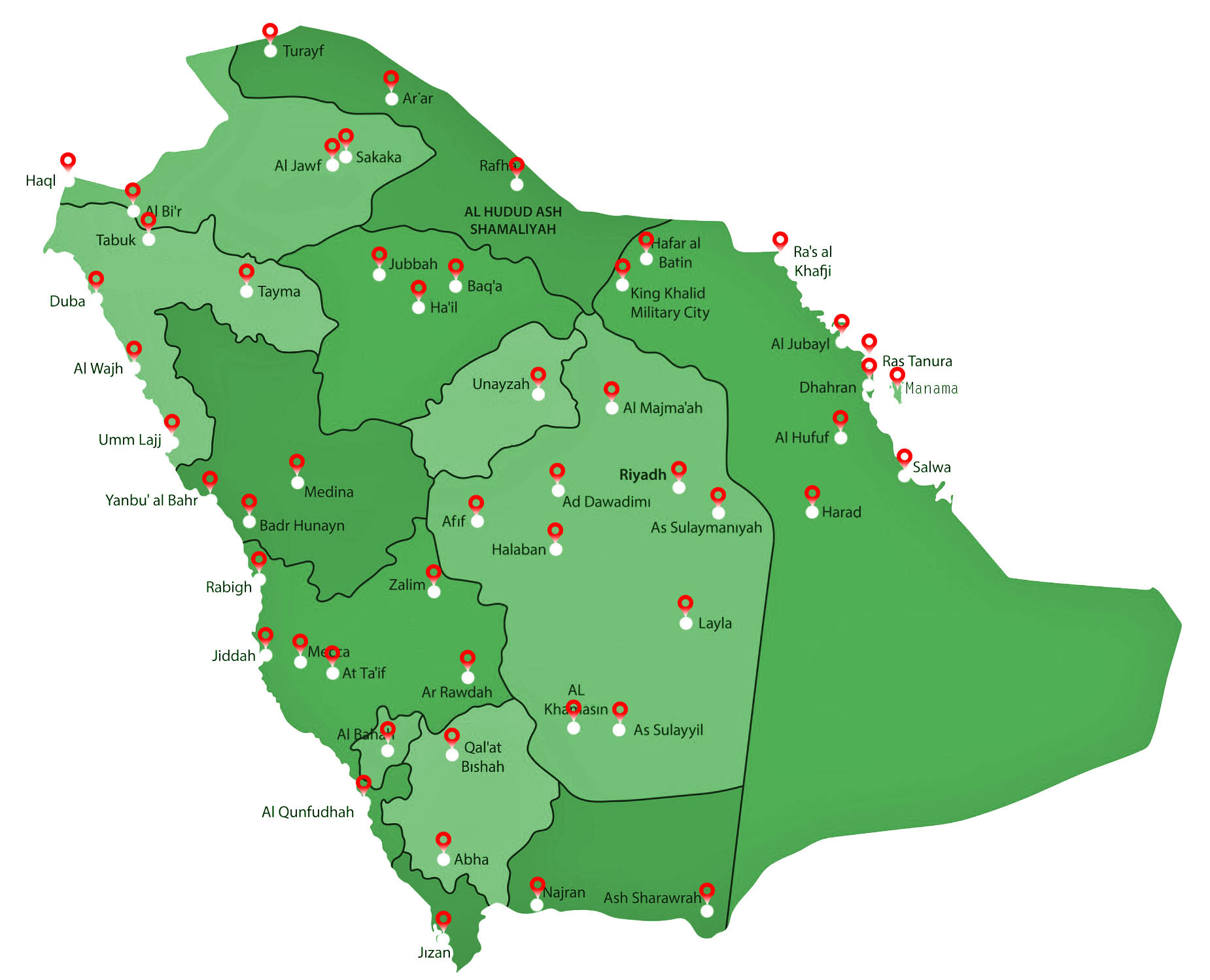 The detailed map of the Saudi Arabia with regions or states and cities, capitals